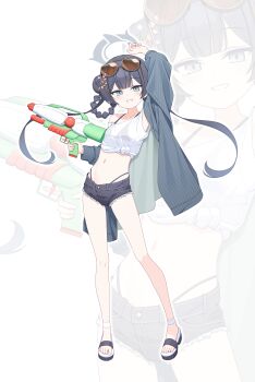 1girl absurdres alternate_costume bikini black_hair blue_archive denim denim_shorts double_bun eyewear_on_head flat_chest full_body grey_eyes hair_bun halo highres kisaki_(blue_archive) long_hair navel sandals shorts solo sunglasses surps swimsuit twintails