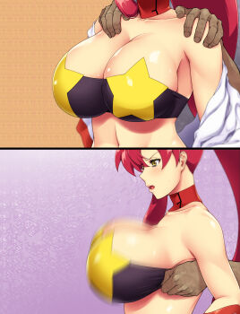 1girl ameoto arms_at_sides bare_shoulders blush bouncing_breasts breasts cleavage detached_collar from_side hair_ornament hair_stick hands_on_another's_shoulders high_ponytail highres huge_breasts long_hair motion_blur multiple_views off_shoulder one_side_up open_mouth out_of_frame ponytail red_hair sequential simple_background space_yoko strapless tengen_toppa_gurren_lagann tube_top undressing upper_body yellow_eyes yoko_littner