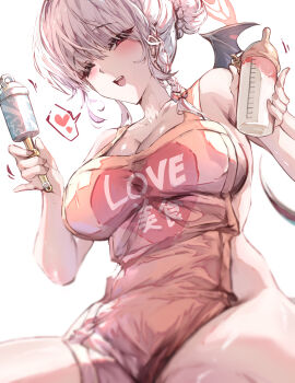 1girl :d absurdres apron black_wings blue_archive bottle braid breasts cleavage hair_bun halo haruna_(blue_archive) heart highres holding holding_bottle holding_rattle large_breasts long_hair milk_bottle mini_wings naked_apron open_mouth pink_apron rattle red_eyes red_halo shirt simple_background smile solo speech_bubble spoken_heart sunnysideup white_background white_shirt wings