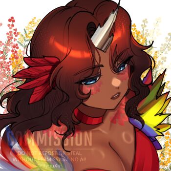 1girl blue_eyes breasts brown_hair brown_lips choker cleavage collarbone commentary commission dark-skinned_female dark_skin english_commentary facial_mark highres horns large_breasts lips long_hair looking_at_viewer original parted_bangs parted_lips red_choker ring_light_reflection ryuuxin single_horn skeb_commission solo upper_body watermark wavy_hair