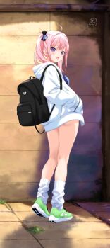 1girl ahoge backpack bag from_side full_body green_shoes hand_in_pocket hood hoodie kinohara_hikaru legs long_hair original pink_hair purple_eyes shoes sneakers solo standing thighs twintails white_hoodie