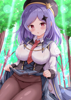 1girl beret between_breasts black_hat blush bow bow_panties breasts brown_pantyhose character_request chestnut_mouth clothes_lift commentary_request day grey_skirt hat highres juliet_sleeves large_breasts lifting_own_clothes long_hair long_sleeves looking_at_viewer necktie necktie_between_breasts outdoors panties panties_under_pantyhose pantyhose parted_bangs parted_lips puffy_sleeves purple_hair red_eyes red_necktie shirt skirt skirt_lift solo stella_sora tree underwear white_panties white_shirt xenon_(for_achieve)