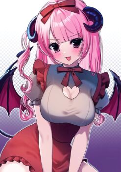1girl arms_between_legs bat_wings black_horns breasts cleavage_cutout clothing_cutout commentary cowboy_shot demon_horns frilled_skirt frills grey_shirt hair_between_eyes halftone halftone_background heart_cutout horns large_breasts long_hair looking_at_viewer one_side_up open_mouth original pink_hair red_skirt shirt short_sleeves skirt smile solo suspender_skirt suspenders usausausabarasi wings