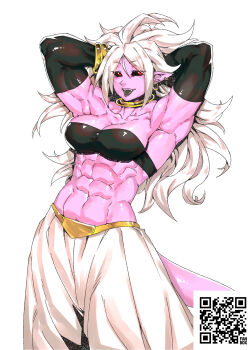 1girl abs android_21 armpits arms_behind_head arms_up baggy_pants belt black_sclera bracelet breasts cleavage colored_sclera colored_skin commentary crop_top dragon_ball dragon_ball_fighterz earrings elbow_gloves english_commentary gloves grey_tongue highres jewelry large_breasts long_hair looking_at_viewer majin_android_21 minew muscular muscular_female necklace pants pink_skin qr_code red_eyes solo standing tail teeth tongue tongue_out upper_teeth_only white_background white_hair