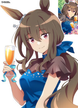 Rule 34 | 1girl, absurdres, admire vega (umamusume), animal ears, artist name, blue dress, breasts, brown hair, closed mouth, commentary request, cup, dress, drinking glass, ear ornament, hair between eyes, highres, holding, holding cup, horse ears, horse girl, juice, looking at viewer, low ponytail, orange juice, ponytail, red eyes, reference inset, short sleeves, simple background, smile, u-sukio., umamusume, upper body, white background