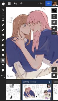 Rule 34 | 2boys, 2girls, art program in frame, bang dream!, bang dream! it's mygo!!!!!, blue eyes, blue shirt, brown hair, chihaya anon, closed eyes, closed mouth, commentary request, fang, hand on another's shoulder, highres, layered sleeves, long hair, long sleeves, looking at another, manphao o, multiple boys, multiple girls, nagasaki soyo, pink hair, shirt, short over long sleeves, short sleeves, smile, thai commentary, white background, white shirt, yuri