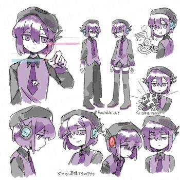 Rule 34 | 1girl, beret, black boots, black hat, black pants, black skirt, boots, collared shirt, copyright name, eating, expressionless, food, fumizuki fumi, glaring, hat, headphones, holding, holding food, jitome, looking at viewer, miniskirt, multiple views, necktie, onigiri, pants, pleated skirt, purple eyes, purple hair, purple necktie, purple shirt, rice cooker, shamoji, shirt, short hair, simple background, skirt, smile, thigh boots, tie clip, twitter username, utane uta, utau, utau (software), white background