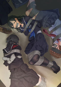 3girls absurdres bag bdsm black_eyes black_hair black_pantyhose black_sailor_collar black_serafuku black_shirt black_skirt blindfold blue_bag blue_neckerchief blue_serafuku blue_skirt bondage bound brown_hair collarbone collared_shirt commentary_request dress_shirt earplugs gag grey_skirt highres hostage improvised_gag loafers long_hair long_sleeves looking_at_viewer lying multiple_girls neckerchief necktie original pantyhose pleated_skirt po-i-mu red_neckerchief red_necktie restrained sailor_collar school_bag school_uniform serafuku shirt shoes short_hair skirt tape tape_bondage tape_gag unworn_footwear variant_set white_shirt