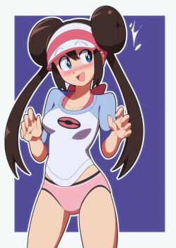 1girl blue_eyes blush breasts brown_hair clenched_hands collarbone donut_hair_bun embarrassed euf-dreamer eyelashes female_focus fingernails hair_between_eyes hair_bun hands_up legs long_hair long_twintails medium_breasts neck nervous_smile nintendo no_pants open_mouth panties pink_panties pokemon pokemon_bw2 print_shirt rosa_(pokemon) shirt sidelocks smile thighs three-quarter_sleeves tight_clothes tight_shirt twintails undershirt underwear very_long_hair visor_cap