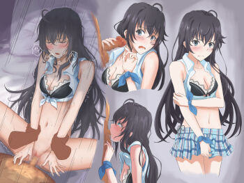 1boy 1girl ahoge arm_grab bed_sheet black_hair blue_eyes blush breasts censored cleavage closed_eyes clothed_female_nude_male crying crying_with_eyes_open drooling fellatio half-closed_eyes hetero highres long_hair lying medium_breasts miniskirt mosaic_censoring motion_lines multiple_views no_panties nude on_back on_bed open_mouth oral penis pillow plaid_clothes plaid_skirt pleated_skirt sequential sex skirt spread_legs standing sweat tears trembling vaginal yahari_ore_no_seishun_lovecome_wa_machigatteiru. yukinoshita_yukino