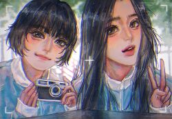 Rule 34 | 2girls, black hair, blue jacket, brown eyes, bubble gum (newjeans), camera, chinese commentary, forehead, grey eyes, hanni (newjeans), highres, holding, holding camera, jacket, k-pop, looking at viewer, mantang hua, minji (newjeans), multiple girls, newjeans, open mouth, portrait, procreate (medium), real life, short hair, sleeves past wrists, smile, v, viewfinder