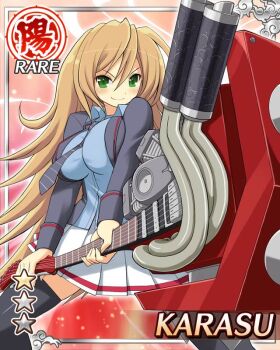 1girl black_coat black_necktie black_thighhighs blue_shirt border breasts brown_hair card_(medium) character_name closed_mouth coat diagonal-striped_clothes diagonal-striped_necktie electric_guitar english_text game_cg green_eyes guitar holding holding_guitar holding_instrument instrument karasu_(senran_kagura) large_breasts long_hair looking_at_viewer necktie official_art open_clothes open_coat pleated_skirt senran_kagura senran_kagura_new_wave shirt skindentation skirt smile solo striped_clothes thighhighs white_skirt