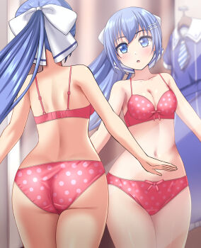 1girl :o absurdres ass back blue_eyes blue_hair blurry blurry_background blush bow bow_bra bow_panties bra breasts cleavage commentary_request commission crotch_seam depth_of_field fitting_room hair_ornament hair_ribbon hairclip highres indoors lace lace-trimmed_bra lace-trimmed_panties lace_trim looking_at_viewer navel original panties partial_commentary pixiv_commission polka_dot polka_dot_bra polka_dot_panties ponytail red_bra red_panties reflection ribbon school_uniform small_breasts solo standing underwear underwear_only unworn_clothes white_ribbon zanntetu