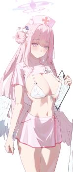 1girl absurdres angel_wings banpen bikini blue_archive blunt_bangs blush breasts character_name cleavage clipboard clothing_cutout cowboy_shot feathered_wings flower frontless_outfit gradient_halo hair_bun hair_flower hair_ornament halo hat highres holding holding_clipboard large_breasts long_hair looking_at_viewer low_wings midriff mika_(blue_archive) multicolored_halo name_tag navel nurse nurse_cap o-ring o-ring_bikini pink_hair pink_halo pink_nails pink_skirt scrunchie simple_background single_side_bun skirt smile solo swimsuit white_background white_bikini white_wings wing_ornament wings wrist_scrunchie yellow_eyes
