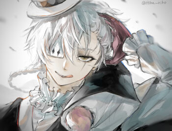 1boy :q braid braided_ponytail bungou_stray_dogs commentary_request gloves hand_in_own_hair hat hiba_riko highres looking_at_viewer male_focus nikolai_gogol_(bungou_stray_dogs) one_eye_covered scar scar_across_eye scar_on_face short_hair simple_background solo tongue tongue_out twitter_username white_background white_hair yellow_eyes