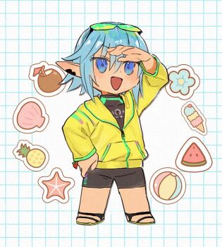 Rule 34 | 1boy, arm up, ball, beachball, black bodysuit, blue eyes, blue flower, blue hair, bodysuit, coconut cup, commentary request, dot nose, drinking straw, elezen, elf, eyewear on head, feet, final fantasy, final fantasy xiv, flower, food, fruit, green-tinted eyewear, green trim, grid background, hair between eyes, hand on own hip, haurchefant greystone, ice cream, ice cream cone, jacket, long pointy ears, long sleeves, male focus, official alternate costume, open mouth, partially unzipped, pineapple, pointy ears, sandals, scallop, seashell, shading eyes, shell, short hair, solo, starfish, sunglasses, suzuka (su9111suzu), tinted eyewear, watermelon, watermelon slice, yellow jacket, zipper, zipper pull tab