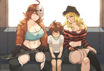 1boy 2girls a_nightmare_on_elm_street abs age_difference ahoge ara_ara_on_a_train_(meme) artist_name bare_shoulders bishoujo_terror black_gloves bleeding blonde_hair blood blush bra bra_peek breasts claw_(weapon) cleavage clenched_hands crop_top crossed_legs cutoffs flipped_hair freddy_krueger freddy_krueger_(bishoujo_terror) friday_the_13th girl_sandwich gloves hat hockey_mask holding holding_weapon jacket jason_voorhees jason_voorhees_(kotobukiya_bishoujo) kotobukiya_bishoujo large_breasts licking_lips long_hair long_sleeves looking_at_another machete mask mask_on_head medium_hair meme midriff multiple_girls navel nervous onee-shota open_clothes open_jacket pants pink_lips sandwiched shirt shorts shota single_glove single_thighhigh sitting striped_clothes striped_shirt thighhighs tongue tongue_out torn_clothes torn_pants torn_shirt train_interior tyrone underwear weapon you_gonna_get_raped