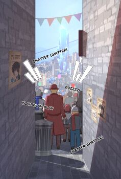 absurdres alley blue_sky bonz0616 commentary commission confetti day english_commentary hand_up highres honkai:_star_rail honkai_(series) outdoors second-party_source sky sound_effects trash_can wanted_poster