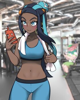 1boy 1girl absurdres alternate_costume blue_eyes blue_leggings blue_sports_bra blurry blurry_background closed_mouth collarbone commentary dark-skinned_female dark_skin earclip earrings english_commentary eyelashes gen_4_pokemon gym hair_bun highres holding holding_phone holding_towel hoop_earrings indoors jewelry leggings long_hair looking_down milo_(pokemon) muis0802 multicolored_hair navel nessa_(pokemon) nintendo phone pokemon pokemon_swsh rotom rotom_phone sidelocks single_hair_bun smile sports_bra stomach towel towel_around_neck two-tone_hair
