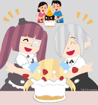2boys 4girls :d ^_^ birthday_cake blonde_hair cake closed_eyes eyepatch food hanazono_yurine hat highres irasutoya irasutoya_challenge jashin-chan jashin-chan_dropkick medical_eyepatch mifune_takashi_(style) mini_hat multiple_boys multiple_girls open_mouth parody persephone_ii red_hair simple_background smile style_parody sunegg1112 twintails