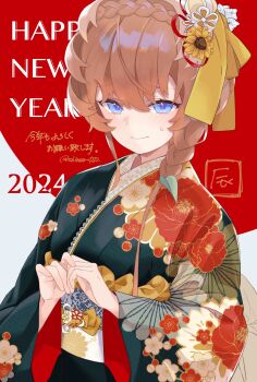 1girl 2024 absurdres black_kimono blue_eyes blush braid breasts crown_braid fate/grand_order fate_(series) floral_print happy_new_year highres japanese_clothes kimono long_hair long_sleeves looking_at_viewer new_year obi orange_hair sash shimaa482 side_braid small_breasts solo van_gogh_(fate) wide_sleeves