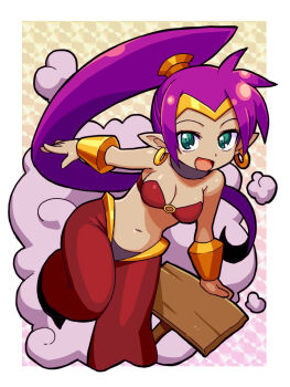 Rule 34 | 1girl, arabian clothes, breasts, cleavage, dark-skinned female, dark skin, earrings, female focus, hoop earrings, jewelry, long hair, looking at viewer, lots of jewelry, midriff, navel, pointy ears, ponytail, purple hair, shantae, shantae: half-genie hero, shantae (series), shigehiro (hiroi heya), smile, solo, tiara, wayforward