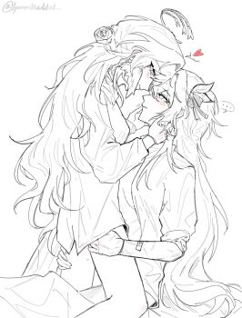 Rule 34 | ..., 2girls, firefly (honkai: star rail), halo, hand on another's thigh, hands on another's face, hashtag-only commentary, heart, highres, honkai: star rail, honkai (series), kneeling, long hair, long sleeves, lynnmilkaddict, multiple girls, no pants, robin (honkai: star rail), shirt, signature, spoken ellipsis, yuri