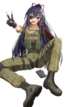 Rule 34 | 1girl, absurdres, bangom r, belt, black boots, boots, bow, commission, cosplay, date a live, eyepatch, gloves, hair bow, highres, lace-up boots, long hair, mechanical arms, metal gear (series), metal gear solid v: the phantom pain, military, military uniform, partially fingerless gloves, ponytail, purple eyes, purple hair, simple background, solo, v, venom snake, venom snake (cosplay), white background, yatogami tohka