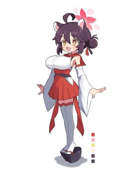 1girl ahoge animal_ears black_sandals blue_archive breasts color_guide detached_sleeves fang full_body hair_between_eyes halo highres kaede_(blue_archive) large_breasts light_blush long_sleeves okobo open_mouth oppai_loli platform_clogs platform_sandals pleated_skirt purple_hair qusouzu_mogari red_sailor_collar red_skirt sailor_collar sandals simple_background skin_fang skirt sleeveless smile solo standing thighhighs white_background white_sleeves white_thighhighs wide_sleeves