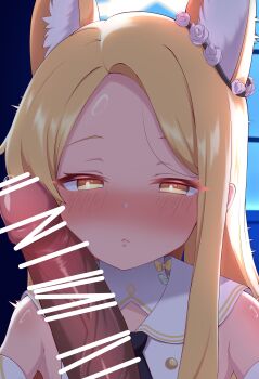 1boy 1girl absurdres animal_ear_fluff animal_ears bar_censor bare_shoulders blonde_hair blue_archive blush bright_pupils censored closed_mouth detached_sleeves dress erection flower forehead fox_ears fox_girl hair_flower hair_ornament halo hetero highres kamanbearu large_penis loli long_hair looking_at_viewer parted_bangs penis penis_on_face pov sailor_collar seia_(blue_archive) solo_focus twitching_penis upper_body white_pupils white_sailor_collar yellow_eyes yellow_halo