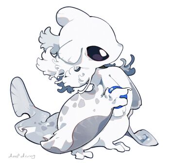 15355451wer animal_focus black_eyes english_text fins from_side full_body holding_orb monster no_humans original rain_world simple_background slugcat solo tail white_background