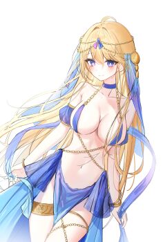 1girl absurdres ahoge bangle bare_shoulders blonde_hair blue_choker blue_skirt boong0619 bracelet breasts bright_pupils choker cleavage closed_mouth commentary_request commission cowboy_shot dancer detached_sleeves halterneck highres jewelry korean_commentary large_breasts long_hair looking_at_viewer navel original pelvic_curtain purple_eyes revealing_clothes second-party_source simple_background skirt smile solo standing stomach thighlet thighs veil very_long_hair white_background