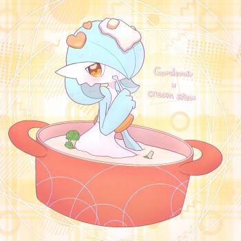 1girl :t alternate_color blue_hair blue_skin blush bob_cut broccoli carrot_slice character_name closed_mouth colored_skin cooking_pot eating english_text female_focus food food_focus food_on_head gardevoir gen_3_pokemon hair_over_one_eye hand_up heart heart-shaped_food heart_in_eye holding holding_spoon in_container in_food looking_at_viewer multicolored_skin nintendo object_on_head one_eye_covered orange_eyes partially_submerged pokemon pokemon_(creature) shiny_pokemon short_hair solo spoon stew symbol_in_eye two-tone_skin white_skin yellow_background yuri_(fl0werspace)