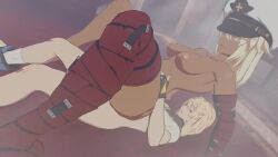 1boy 1girl 3d animated arm_support ass bandages blonde_hair blue_eyes breasts bridget_(guilty_gear) clothed_male_nude_female commission dark-skinned_female dark_skin from_behind gloves guilty_gear guilty_gear_strive hat hetero indoors interior interracial looping_animation military_hat nipples nude ramlethal_valentine reverse_cowgirl_position rouge_nine sex small_breasts straddling trap video