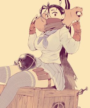 1girl animal animal_on_shoulder antenna_hair black_hair blue_thighhighs bomb box breasts brown_eyes crossed_legs don_(street_fighter) explosive fingerless_gloves gloves high_ponytail highres hiroshi_mono ibuki_(street_fighter) kunai long_hair looking_at_viewer mask medium_breasts necktie ninja on_box ponytail scarf school_uniform shoes sitting sitting_on_box street_fighter street_fighter_v tanuki thigh_strap thighhighs weapon