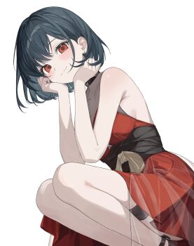 1girl absurdres armpit_crease bare_arms bare_legs bare_shoulders black_choker black_hair breasts choker closed_mouth commentary dress hands_on_own_cheeks hands_on_own_face hands_up highres karyln looking_at_viewer medium_breasts original red_dress red_eyes sash see-through_clothes short_hair simple_background sleeveless sleeveless_dress smile solo squatting symbol-only_commentary thigh_strap white_background