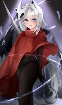 Rule 34 | 1girl, ahoge, animal ear fluff, animal ears, black bodysuit, blush, bodysuit, braid, cape, commentary request, cosplay, earrings, fox ears, fox girl, fox tail, green eyes, hair between eyes, highres, holding, holding behind back, holding weapon behind back, hollow knight, hollow knight: silksong, hololive, hornet (hollow knight), hornet (hollow knight) (cosplay), jewelry, long hair, looking at viewer, mask, mask on head, needle (hollow knight), open mouth, pentagram, red cape, shirakami fubuki, sidelocks, single braid, smile, solo, st-147, tail, virtual youtuber, white hair