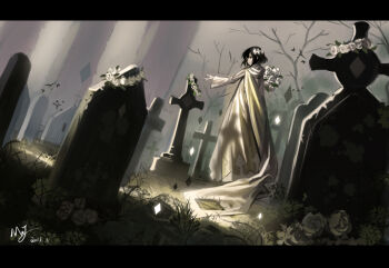 Rule 34 | 1girl, black hair, cloak, commentary request, crown, etihw (funamusea), funamusea, graveyard, haiiro teien, hood, hooded cloak, majiang, short hair, sidelocks, solo, white cloak, white eyes