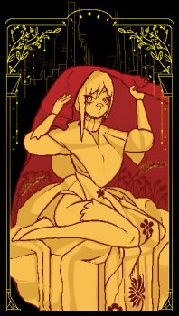 1girl :o arms_up asymmetrical_hair bandaid bandaid_on_face bandaid_on_nose black_background blanket border breasts commentary dithering english_commentary floral_print floral_print_skirt freckles full_body highres holding holding_blanket inset_border kasia_(peripeteia) layered_clothes lifting_covers long_sleeves looking_at_viewer medium_breasts medium_hair neronapalm no_panties ornate_border parted_lips pelvic_curtain peripeteia pixel_art print_skirt puffy_long_sleeves puffy_sleeves ruins shawl shoes side_slit sideboob single_sidelock sitting skirt solo spot_color thighhighs turtleneck under_covers wariza wedge_heels wheat yellow_border yellow_theme zettai_ryouiki