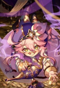 1girl ahoge beret black_shirt blob breasts brown_eyes coin commentary_request crop_top detached_sleeves dori_(genshin_impact) eyelashes flower-shaped_pupils gem genshin_impact glasses hair_between_eyes hand_up hat highres jinni_(genshin_impact) kado_51 long_hair long_sleeves looking_at_viewer mora_(genshin_impact) navel pants pince-nez pink_hair puffy_long_sleeves puffy_sleeves purple_hat purple_pants shirt sleeveless sleeveless_shirt smile solo symbol-shaped_pupils tassel turban vision_(genshin_impact) white_sleeves