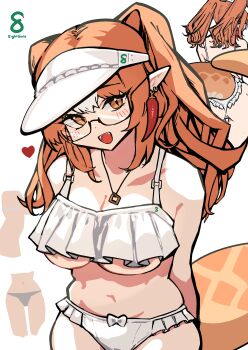 1girl 360_(taiyo360) absurdres alternate_costume arknights artist_name ass bikini blush breasts chili_pepper_earrings cleavage commentary_request glasses highres large_breasts long_hair looking_at_viewer multiple_views open_mouth orange_eyes orange_hair pointy_ears reptile_girl semi-rimless_eyewear snake_girl snake_tail swimsuit tail thick_tail under-rim_eyewear underboob visor_cap white_bikini wulfenite_(arknights)