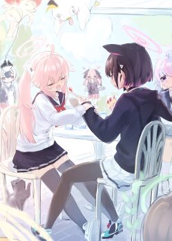 1boy 3others 6+girls absurdres after-school_sweets_club_(blue_archive) ahoge airi_(blue_archive) animal animal_ears animal_on_head black_hair black_jacket black_pantyhose black_sailor_collar black_skirt black_thighhighs black_wings blonde_hair blue_archive brown_hair candy_moon777 cat cat_ears cat_on_head closed_eyes demon_horns doodle_sensei_(blue_archive) green_halo halo head_wings highres horns jacket kayoko_(blue_archive) kazusa_(blue_archive) koharu_(blue_archive) long_hair multiple_girls multiple_others natsu_(blue_archive) on_head one_side_up pantyhose peroro_(blue_archive) pink_hair pink_halo pink_skirt purple_hair red_eyes reisa_(blue_archive) sailor_collar sensei_(blue_archive) shirt shoes short_hair sitting skirt sweatdrop thighhighs twintails white_hair white_shirt white_shoes white_skirt wings yoshimi_(blue_archive)