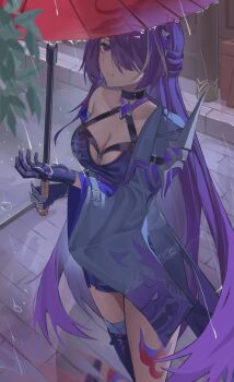 1girl absurdres acheron_(honkai:_star_rail) ada53 asymmetrical_legwear bandages breasts choker cleavage commentary crop_top gloves hair_over_one_eye highres holding holding_umbrella honkai:_star_rail honkai_(series) jacket large_breasts leaf leg_tattoo long_hair oil-paper_umbrella open_clothes open_jacket outdoors parted_lips purple_eyes purple_hair single_bare_shoulder strap tattoo umbrella very_long_hair water_drop white_streaks