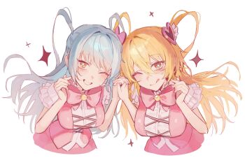 Rule 34 | + +, 2girls, absurdres, blonde hair, bow, bowtie, breasts, don quixote (project moon), e.g.o (project moon), hair ornament, heart, heart hair ornament, highres, holding hands, in the name of love and hate (e.g.o), limbus company, lobotomy corporation, long hair, looking at viewer, may.l, multiple girls, one eye closed, pink bow, pink bowtie, pink skirt, pink vest, project moon, queen of hatred, simple background, skirt, sparkle, two side up, upper body, vest, white background, yellow eyes