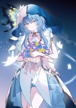 1girl absurdres armlet blue_hair blue_veil bouquet colored_eyelashes dress flower hair_between_eyes highres holding holding_bouquet jewelry light_blush long_hair looking_at_viewer parted_lips shorekeeper_(wuthering_waves) short_hair smile solo two-tone_veil veil white_dress white_veil wuthering_waves xiao_mu_ke