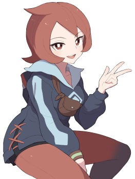 1girl arezu_(pokemon) blue_hoodie blush breasts collarbone cowlick diamond_clan_outfit gradient_clothes gradient_legwear hiyoshipow hood hoodie long_sleeves looking_at_viewer nintendo open_mouth pantyhose pantyhose_under_shorts pokemon pokemon_legends:_arceus red_eyes red_hair red_pantyhose short_hair shorts simple_background sitting smile solo teeth two-tone_legwear two-tone_pantyhose upper_teeth_only v white_background