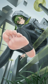 1girl :3 absurdres arknights arknights:_endfield bodysuit feet fluorite_(arknights) foot_focus from_below grass green_eyes green_hair highres hood looking_at_viewer soles solo stirrup_legwear toeless_legwear toes wet wet_clothes xo_(xo17800108)