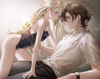 1boy 1girl absurdres ajiro_shinpei black_one-piece_swimsuit black_pants blonde_hair blouse blue_eyes blush breasts brown_hair cleavage closed_mouth crawling deadprince ear_blush flirting forehead-to-forehead girl_on_top hair_between_eyes hair_bun hair_over_shoulder hand_on_another's_hip hand_on_another's_thigh heads_together hetero highres jewelry kofune_ushio leg_between_thighs lens_flare light light_particles long_hair looking_at_another lying medium_breasts messy_hair necklace on_person one-piece_swimsuit pants shadow shell shell_necklace shirt short_hair single_hair_bun summertime_render swimsuit t-shirt teenage_boy_and_younger_girl thighs watch white_shirt wristwatch