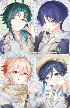 Rule 34 | 4boys, aqua eyes, aqua hair, backpack, bag, bandaid, bandaid on cheek, bandaid on face, black hair, black jacket, blue hair, blunt ends, braid, closed mouth, dodoco (genshin impact), facial mark, forehead mark, genshin impact, gradient hair, grey hoodie, grey jacket, hair between eyes, headphones, highres, holding, holding stuffed toy, hood, hoodie, jacket, kaedehara kazuha, kkopoli, long hair, long sleeves, male focus, mouth hold, multicolored hair, multiple boys, necktie, one eye closed, open mouth, purple eyes, purple hair, red eyes, red hair, scaramouche (genshin impact), scarf, school uniform, shirt, short hair, smile, streaked hair, stuffed animal, stuffed toy, twin braids, venti (genshin impact), wanderer (genshin impact), white hair, white shirt, xiao (genshin impact), yellow eyes, yellow necktie, yellow scarf