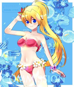 1girl bikini blonde_hair blue_background blue_eyes breasts ciel_(mega_man) commission cowboy_shot high_ponytail long_hair mega_man_(series) mega_man_zero_(series) pink_bikini ponytail rikka_(user_hruv2435) simple_background small_breasts solo swimsuit vgen_commission